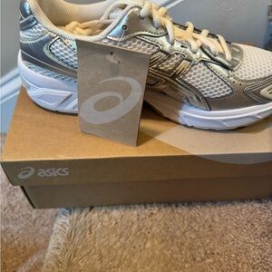 NOT FOR SALE. Asics Metallic and White Running Shoes